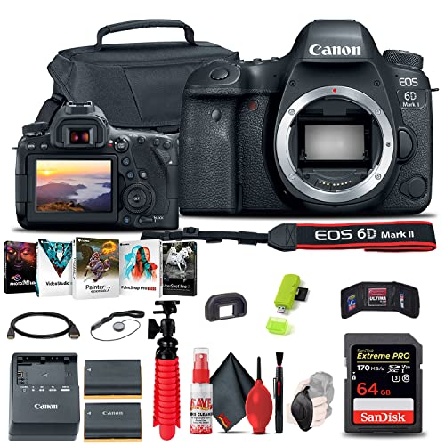 Canon EOS 6D Mark II DSLR Camera (Body Only) (1897C002) + 64GB Memory Card + Case + Photo Software + LPE6 Battery + Card Reader + Flex Tripod + HDMI Cable + Hand Strap + More (Renewed)