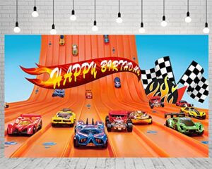 qqkcfoto hot wheels backdrops for birthday party decorations supplies, red car photo background for cake table decorations, hot wheels banner, polyester 5x3ft
