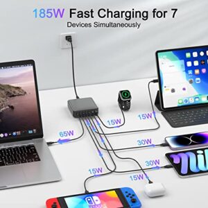 USB C Charger, 185W 7 Port USB C Charging Station Portable USB C Wall Fast Charger Laptop USB C Power Adapter for MacBook Pro/Air,iPad Pro,iPhone 14/13/Mini/Pro/13Pro Max/12 Samsung Galaxy Note