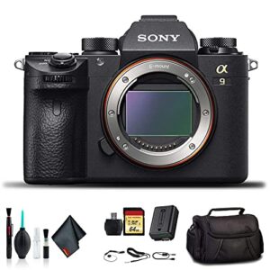 sony alpha a9 mirrorless camera ilce9/b with soft bag, 64gb memory card, card reader, plus essential accessories