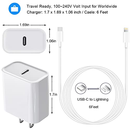 iPhone 14 13 Fast Charger, [Apple MFi Certified] USB C Wall Charger Fast Charging 20W PD Adapter with 6FT Type-C to Lightning Cable Compatible with iPhone 14 13 12 Pro Max Mini 11 Xs XR X 8 and More