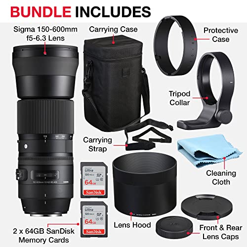 Sigma 150-600mm Canon Zoom Telephoto Lens F/5-6.3 DG OS HSM Bundle with Sigma Lens for Canon, Front and Rear Caps, Lens Hood, Lens Case, 2X 64GB SanDisk Memory Cards (7 Items) - Sigma 150 600 Lens