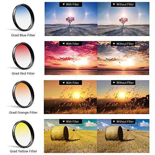 Apexel 52mm Filter Lens Kit (Graduated Filter Lens-Red Orange Yellow Blue, CPL, ND32, Star Lens-6 Point) for Smartphone Camera Canon Nikon Sony Olympus