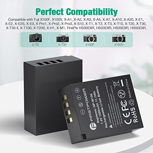 FirstPower NP-W126 NP-W126S Battery (2-Pack) and USB Dual Charger for Fujifilm X100V, X100F, X-A5, X-A10, X-E4, X-Pro2, X-Pro3, X-T1, X-T2, X-T3, X-T10, X-T20, X-T30, X-T30 II, X-T100, X-T200 FinePix