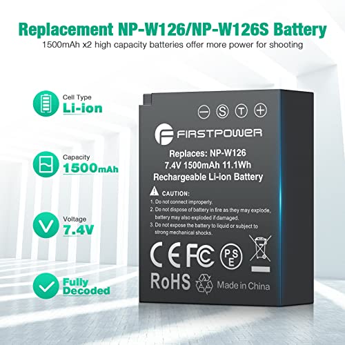 FirstPower NP-W126 NP-W126S Battery (2-Pack) and USB Dual Charger for Fujifilm X100V, X100F, X-A5, X-A10, X-E4, X-Pro2, X-Pro3, X-T1, X-T2, X-T3, X-T10, X-T20, X-T30, X-T30 II, X-T100, X-T200 FinePix