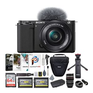 sony alpha zv-e10 aps-c interchangeable lens mirrorless vlog camera with 16-50mm lens (black) bundle with camera grip, editing software, battery and dual charger, case, and 64gb memory card (8 items)