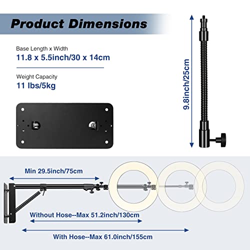 iFongsh 51"/130cm Adjustable Wall Mount Triangle Boom Arm with 9.8"/25cm Metal Flexible Tube Arm, Support 180° Rotation for Ring Light, Monolight, Softbox, Strobe Light, LED Video Light