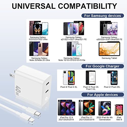 iPhone Charger Fast Charging Block, Dual 40W Foldable Wall Charger Plug and 6ft USB C to Lightning Cable, Type C Power Adapter Cube Brick for Apple iPhone 14 Pro Max/14/13 Pro/12 Mini/12/11/iPad Pro