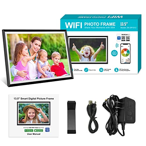 13.5 Inch WiFi Digital Photo Frame 3K IPS LCD Touch Screen, Dual-WiFi Share Photos & Videos Via App or Email, 32GB Storage, Support USB Drive/Mirco SD Card Extend Storage, Light Sensor, Auto-Rotate