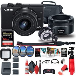canon eos m200 mirrorless digital camera with 15-45mm lens (black) (3699c009) + canon ef-m lens adapter + canon ef 50mm lens + 64gb card + case + filter kit + corel photo software + more (renewed)