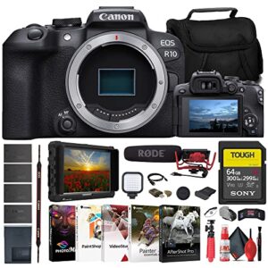 canon eos r10 mirrorless camera (5331c002) + 4k monitor + rode videomic + sony 64gb tough sd card + bag + charger + 3 x lpe17 battery + card reader + led light + corel photo software + more (renewed)