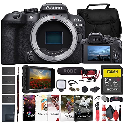 Canon EOS R10 Mirrorless Camera (5331C002) + 4K Monitor + Rode VideoMic + Sony 64GB Tough SD Card + Bag + Charger + 3 x LPE17 Battery + Card Reader + LED Light + Corel Photo Software + More (Renewed)