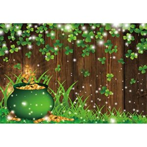 laeacco 10×6.5ft st. patrick’s day backdrop green clover lucky shamrock pot of gold coin glitter brown wooden board photography background irish festival party decor kid adult portrait photo prop