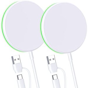 2 pack magnetic wireless charger 15w fast apple mag-safe charger for iphone 14/13/12 series magnet wireless charging pad for airpods 3/2/pro mag safe charger with 5ft dual charging port cable