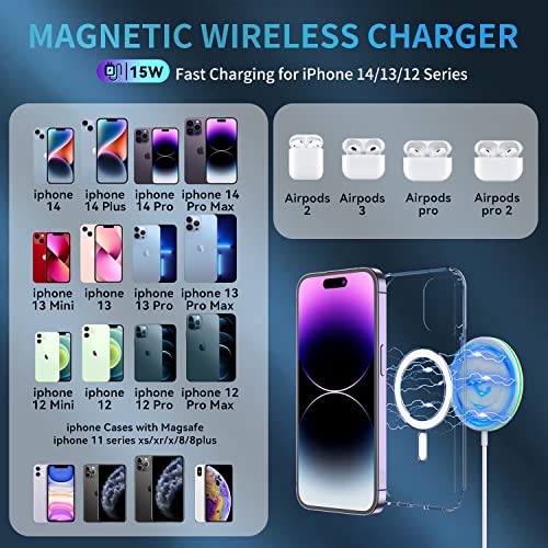 2 Pack Magnetic Wireless Charger 15W Fast Apple Mag-Safe Charger for iPhone 14/13/12 Series Magnet Wireless Charging Pad for AirPods 3/2/Pro Mag Safe Charger with 5ft Dual Charging Port Cable