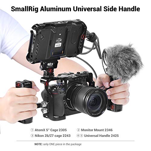 SMALLRIG Universal Aluminum Side Handle Grip for DSLR Camera Cage with Cold Shoe Mount Built-in Wrench, 1/4 Threaded Holes - HSS2425