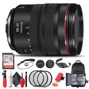 canon rf 24-105mm f/4l is usm lens (2963c002) + filter kit + backpack + 64gb card + card reader + flex tripod + memory wallet + cap keeper + cleaning kit + hand strap + more (renewed)