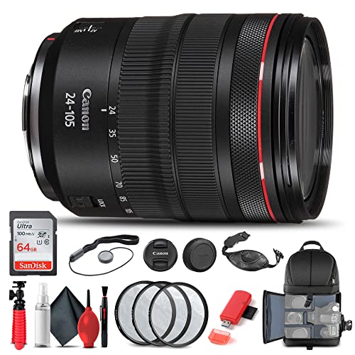 Canon RF 24-105mm f/4L is USM Lens (2963C002) + Filter Kit + Backpack + 64GB Card + Card Reader + Flex Tripod + Memory Wallet + Cap Keeper + Cleaning Kit + Hand Strap + More (Renewed)