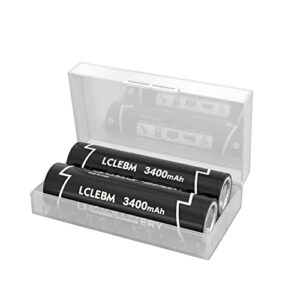 lclebm 2 packs 3400mah flat top 3.7v 20a rechargeable battery with 1 bay usb charger and storage holder case for fan spotlight flashlight,camera and more