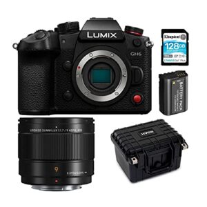 panasonic lumix gh6 mirrorless camera body bundle with panasonic h-x09 9mm f/1.7 leica summilux, weatherproof hard case, 128gb sdxc memory card and lithium-ion battery pack (5 items)