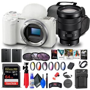 sony zv-e10 mirrorless camera (body only, white) (ilczv-e10/w) + sony 18-105mm lens + 64gb memory card + color filter kit + filter kit + corel photo software + bag + npf-w50 battery + more (renewed)