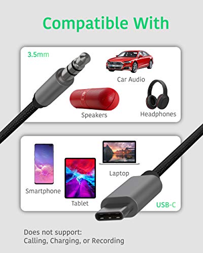 TALK WORKS USB C to 3.5mm Aux Jack Audio Cable - 6ft Braided Type C Cord Heavy Duty Headphone Stereo Adapter for Samsung Galaxy S21, S20, S10, S9, iPad Pro 2018, Google Pixel, Moto Z, Black