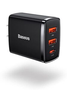 usb c wall charger, baseus 30w 3-port charger block, fast compact pd charger for ipad pro/air/mini, iphone 13/13 pro max/12/se/11/xr/xs, samsung, airpods, magsafe, apple watch, pixel, lg, black