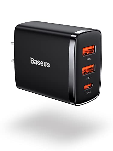 USB C Wall Charger, Baseus 30W 3-Port Charger Block, Fast Compact PD Charger for iPad Pro/Air/Mini, iPhone 13/13 Pro Max/12/SE/11/XR/XS, Samsung, AirPods, MagSafe, Apple Watch, Pixel, LG, Black