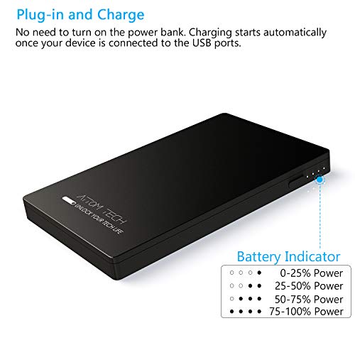 Attom Tech USB Output Super Slim Power Bank Ultra Thin 3000mAh Portable Charger, Micro USB and USB-C Dual Input Ports Mini External Phone Battery Pack Small Emergency Phone Power Backup (Black)