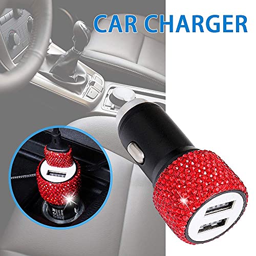 Bling Car Charger Accessories Set,Rhinestone Dual USB Car Chargers + Bling 3 in1 Nylon Braided Charging Cable,Bling Crystal Decoration Car Accessories Kits for Girl and Women (Red)