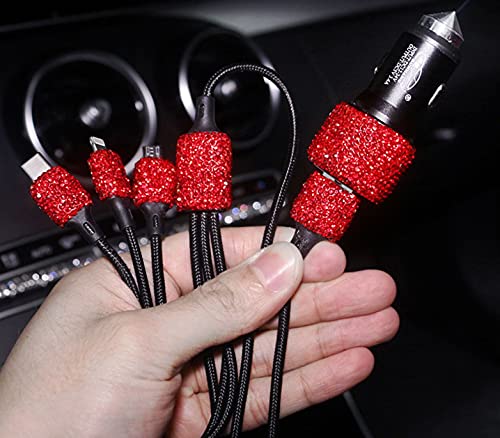 Bling Car Charger Accessories Set,Rhinestone Dual USB Car Chargers + Bling 3 in1 Nylon Braided Charging Cable,Bling Crystal Decoration Car Accessories Kits for Girl and Women (Red)