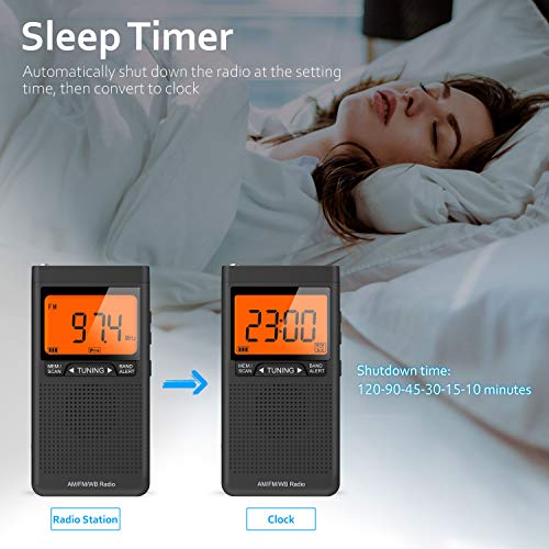 Greadio AM/FM Weather Alert Radio, Portable Transistor NOAA Radio with Best Reception, Battery Operated by 2 AAA batteries, LCD Display,Earphone Jack,Time Setting Pocket Radio for Home,Walking,Running