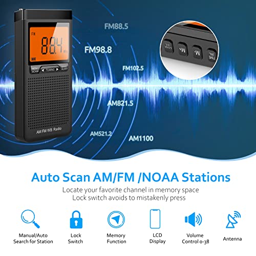 Greadio AM/FM Weather Alert Radio, Portable Transistor NOAA Radio with Best Reception, Battery Operated by 2 AAA batteries, LCD Display,Earphone Jack,Time Setting Pocket Radio for Home,Walking,Running