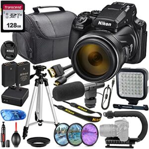 nikon intl. coolpix p1000 digital camera mfr 26522 video making bundle + 128gb high speed v30 memory + led light, shotgun mic, video u-bracket + bag, hd filters and more (renewed)