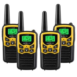 walkie talkies with 22 frs channels, moico walkie talkies for adults with led flashlight vox scan lcd display, long range family walkie talkie for hiking camping trip (yellow, 4 pack)