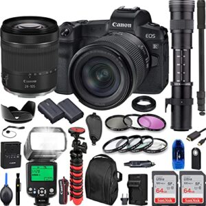 camera bundle for canon eos r mirrorless camera with rf 24-105mm f/4-7.1 is stm, 420-800mm f/8 manual telephoto zoom lens extra battery, ttl flash, 128gb memory card + accessories kit (renewed)