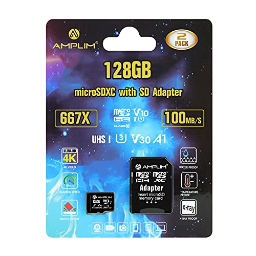 Amplim Micro SD Card, 128GB MicroSD Memory Plus Adapter, MicroSDXC SDXC U3 Class 10 V30 UHS-I TF Extreme High Speed Nintendo-Switch, Go Pro Hero, Surface, Phone Galaxy, Camera Security Cam, Tablet