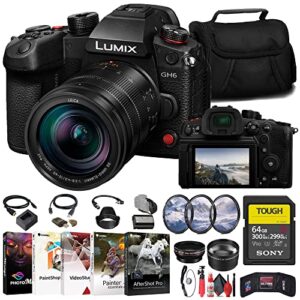 panasonic lumix gh6 mirrorless camera with 12-60mm f/2.8-4 lens (dc-gh6lk) + sony 64gb tough sd card + filter kit + wide angle lens + telephoto lens + lens hood + card reader + more (renewed)