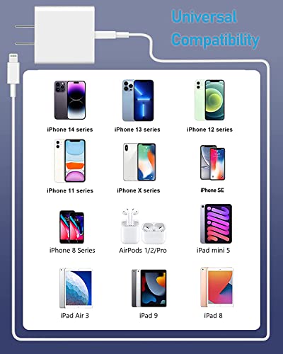 iPhone USB C Wall Charger, iPhone Charger Fast Charging Block, 20W Wall Charger Power Adapter with 6FT Type-C to Lightning Cable Compatible iPhone 14 Pro Max/13/13 Mini/12 Pro/12 Pro Max/11/11 Pro/Max