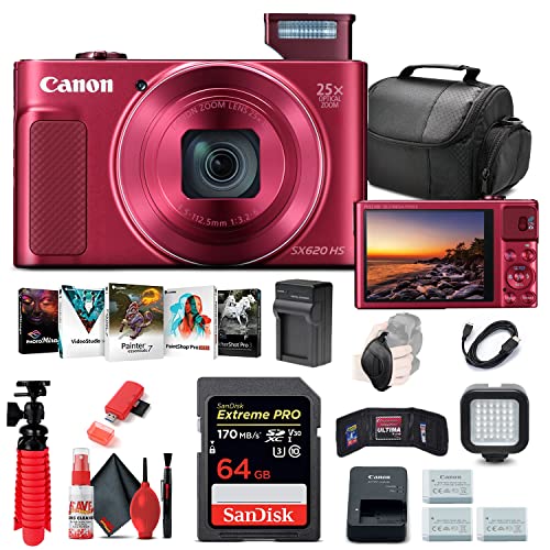 Canon PowerShot SX620 HS Digital Camera (Red) (1073C001) + 64GB Memory Card + 2 x NB13L Battery + Corel Photo Software + Charger + Card Reader + LED Light + Soft Bag + More (Renewed)