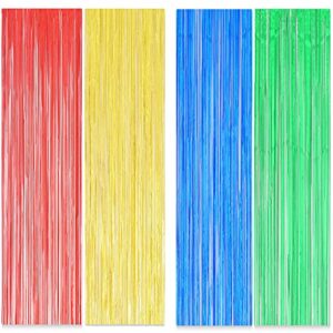 boopati 3.2×6.6 ft red yellow blue green metallic tinsel foil fringe curtains for mario theme party boy birthday baby shower photo backdrop decorate,4 packs