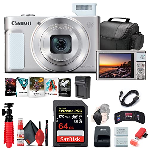 Canon PowerShot SX620 HS Digital Camera (White) (1074C001) + 64GB Memory Card + NB13L Battery + Corel Photo Software + Charger + Card Reader + Soft Bag + Flex Tripod + More (Renewed)