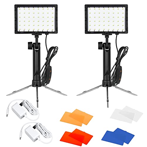 EMART Dimmable Photography Lighting Kit 11 Brightness, Continuous Portable 60 LED Video Light, Tabletop/Low-Angle Shooting, for Game Streams, Conference Zoom, YouTube with 4 Color Filters - 2 Packs