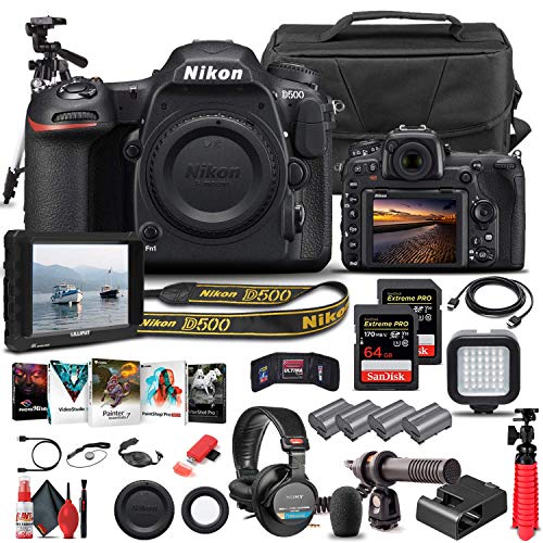 Nikon D500 DSLR Camera (Body Only) (1559) + 4K Monitor + Headphones + Pro Mic + 2 x 64GB Memory Card + Case + Corel Photo Software + Pro Tripod + 3 x EN-EL 15 Battery + Card Reader + More (Renewed)