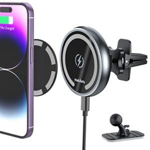 magnetic wireless car charger for magsafe mount iphone 14 pro max,13, 12, pro max, mini,airpods3, qi 15 w car charging, stick on car dashboard and air vent car phone holder