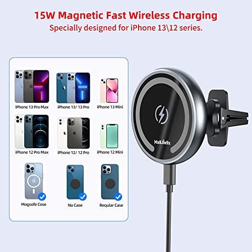 Magnetic Wireless Car Charger for Magsafe Mount iPhone 14 Pro Max,13, 12, Pro Max, Mini,Airpods3, QI 15 W Car Charging, Stick On Car Dashboard and Air Vent Car Phone Holder