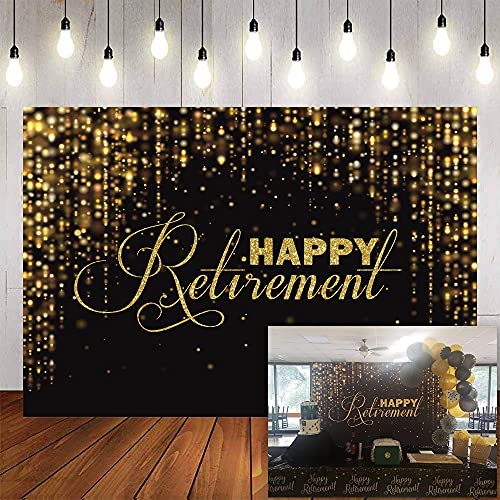 Avezano Happy Retirement Backdrop Black and Gold Glitter Photo Background Retirement Party Decorations Glitter Lights Congrats Retirement Photo Booth Prop (8x6ft)