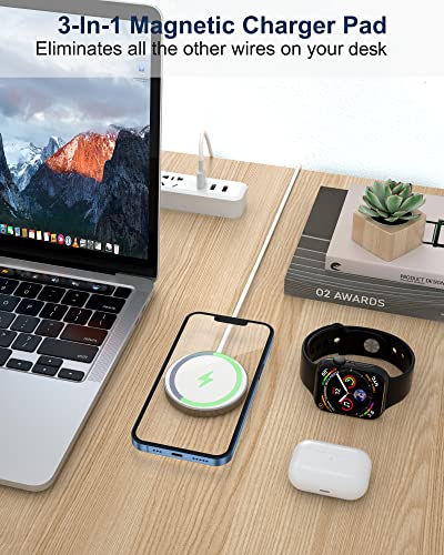 Basesailor Magnetic Wireless Charger with USB Adapter, 3 in 1 Portable Travel Cordless Qi Fast Charging Pad Station for MagSafe, iPhone 14 13 12 11 Plus Pro Max Mini,AirPods 3 2 Pro,Samsung S23 S22