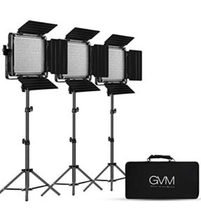 gvm 3 pack led video lighting kits with app control, bi-color variable 2300k~6800k with digital display brightness of 10~100% for video photography, cri97+ tlci97 led video light panel +barndoor