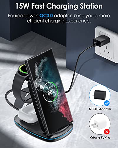 Wireless Charger 3 in 1, Foldable Fast Charging Station Compatible with Samsung Galaxy Watch 5 Pro/5/4/3/Active, S23 S23+ S22 S22+ S21 S20 Ultra FE/Note 20 10 9/ Z Flip Fold 4 3 2, Buds/2/Pro/Live